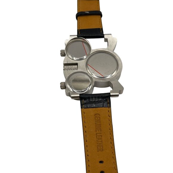 Unique Dual Time Watch With Black & Brown Genuine Leather Band & Stainless Steel - Picture 4 of 5